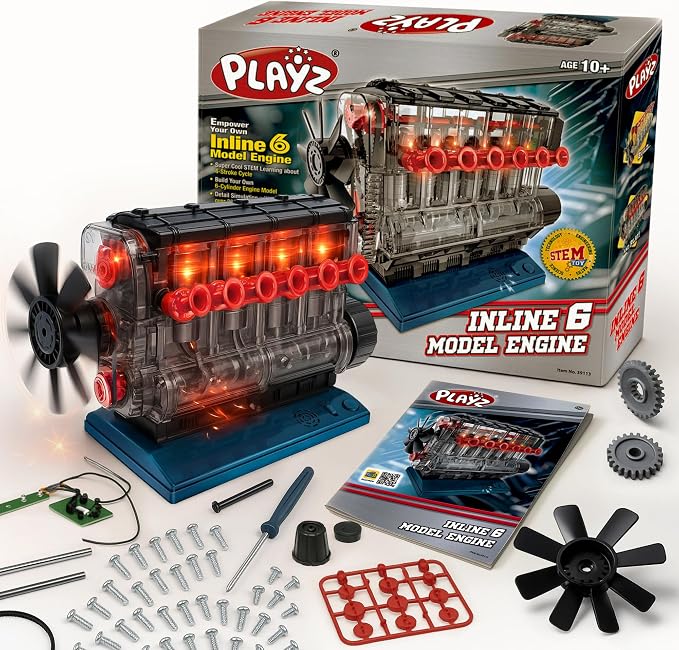 Playz Inline 6 Engine Model Kit - Build Your Own STEM Inline 6 Small Engine that Runs Kit for Adults & Kids Age 10-12+, Visible Inline 6 Mini Engine Kit that Works for Adult w/ 230 STEM Parts