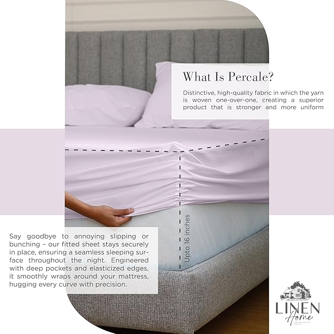 Linen Home 2-Pack King Sheet Set, 100% Cotton Percale Bedding, 8-Piece Value Bundle, Deep Pocket Cooling Bed Sheets for Hot Sleepers, Breathable & Crisp Hotel Quality, Long-Staple Cotton, Iris Lilac