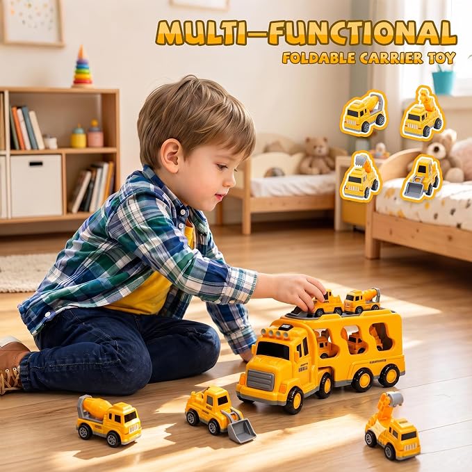 JoyRapt 5 in 1 Construction Truck Toys for Toddlers 3-5, Carrier Transport Trucks 4 Pack Small Pull Back Construction Vehicles Friction Power Cars, Christmas Birthday Gift Toys for Boys Girls.