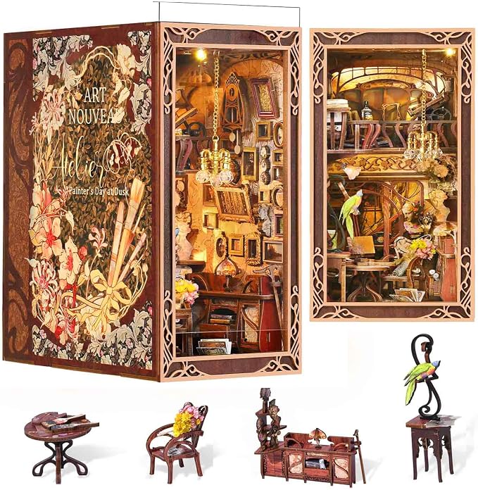MiniCity Book Nook Kit, DIY Miniature Dollhouse Booknook Kit, 3D Wooden Puzzle Bookend Bookshelf Insert Decor with LED Light for Teens and Adults, Painter's Day at Dusk