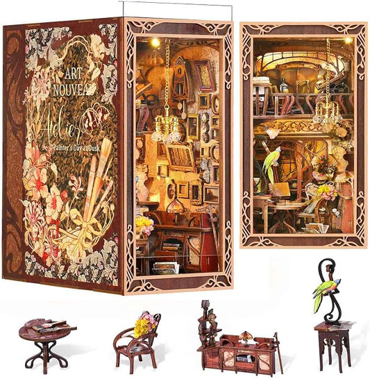 MiniCity Book Nook Kit, DIY Miniature Dollhouse Booknook Kit, 3D Wooden Puzzle Bookend Bookshelf Insert Decor with LED Light for Teens and Adults, Painter's Day at Dusk
