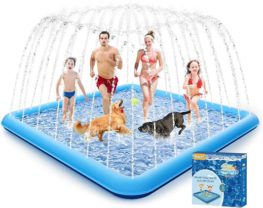 Raxurt Splash Pad, 130"- 98" Non-Slip Splash Pad for Kids and Dogs, Thickened Durable Square Dog Pool with Sprinkler Summer Outdoor Water Toys for Toddler Girls Boys Children Pet (Blue)