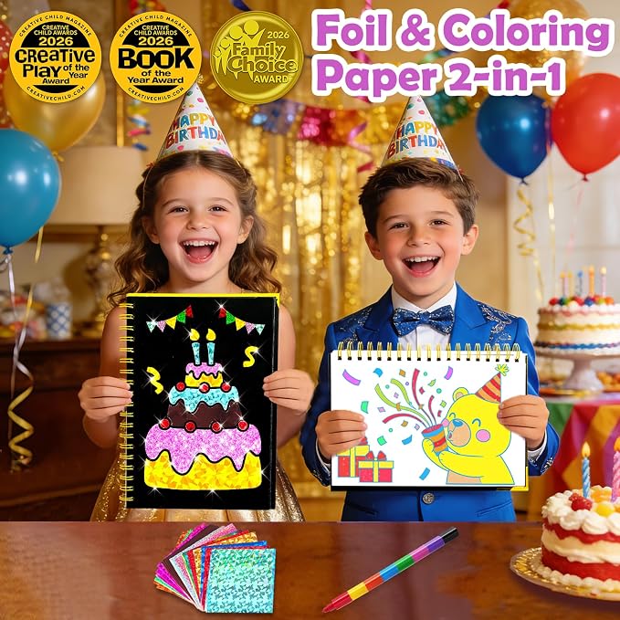 FUNNYB&G Foil Art Craft Kit for Kids 4-10 Years Old: Mess-Free & No-Glue, Create 16 Sparkly Happy Birthday Pictures – Perfect Travel Toy & Birthday Gift for Kids（Happy Birthday）