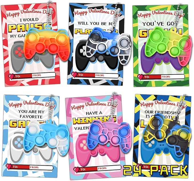 Ohjijinn 24 Packs Valentines Day Gifts for Kids, Mini Pop Fidget Keychain Valentines Day Gifts for Kids Classroom, Game Valentines Day Cards for Boys Girls School Classroom Exchange Gifts Party Favor