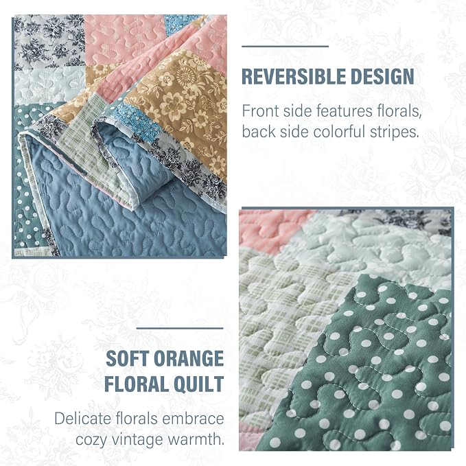 NEWLAKE Quilt Set King Size, Bedspread Sets Vintage Floral Patchwork, Quilt Bedding Set Lightweight and Breathable for All Seasons, Soft Quilted Bedspread with 2 Pillow Shams
