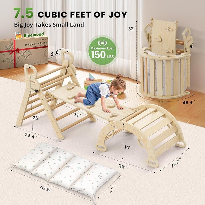 BlueWood Pikler Triangle Set with Cushion, 8-in-1 Climbing Toys for Toddlers, Montessori Philosophy Play Jungle Gym with Arch, Ramp, Ladder(Natural Wood)