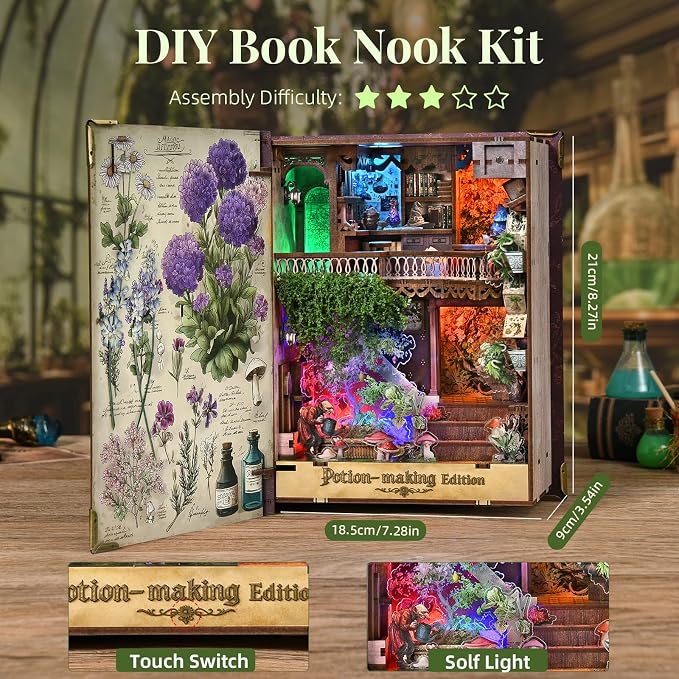 CCCDF Book Nook Kit, DIY Miniature Dollhouse Booknook Kit, 3D Wooden Puzzle for Teens and Adults, Bookend Bookshelf Insert Decor with LED Light (Potion-Making Edition)