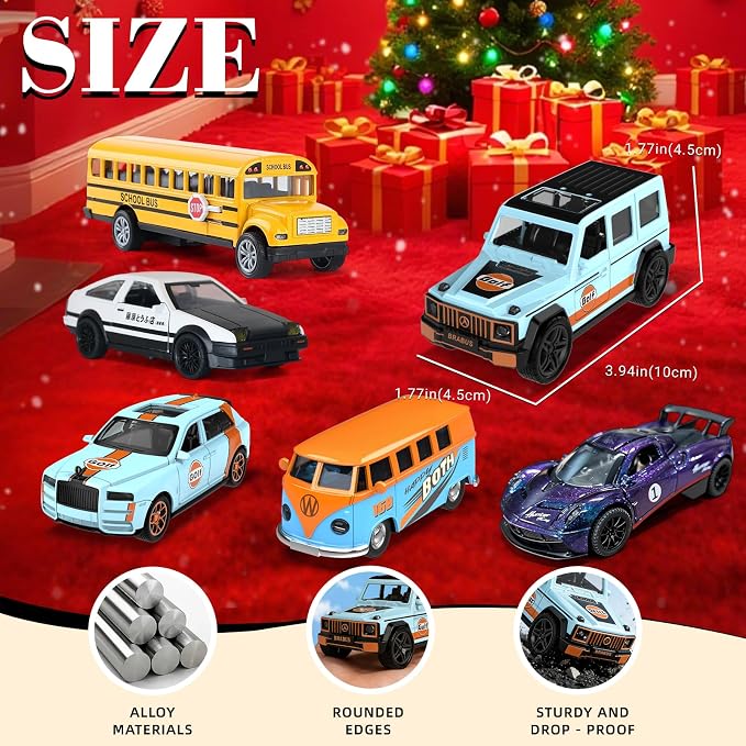1:32 Alloy Pull Back Truck Toys for Kids, 6 Pack Die Cast Car Set with Road Map, Traffic Signs & Light, Toy Vehicle Playset, Birthday for Boys Girls Ages 3-8