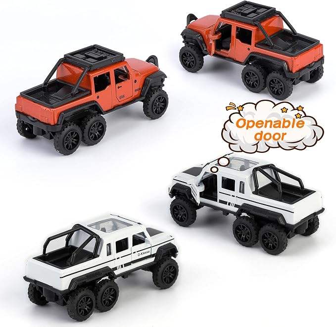 KIDAMI Diecast Toy Trucks 4 Pack Die Cast Metal Toy Cars Pull Back Cars Openable Doors Off-Road Vehicles Birthday Gift for Boys and Toddlers (Pickup Truck)