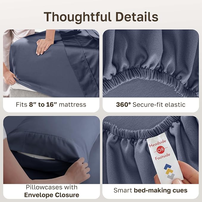 California Design Den 6-Pc Queen Size Sheet Set with 4 Pillowcases - 400 Thread Count 100% Cotton Sheets, Sateen Weave, Deep Pocket Bedsheets Set - Indigo Dusty Blue