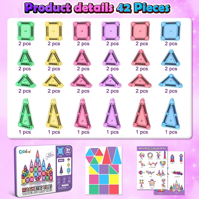 Coodoo Mini Magnetic Tiles Set with Iron Box, Travel Essentials Portable Magnet Building Blocks, Montessori Educational Sensory Toys for Toddlers 3+ Boys Girls Birthday Gift Classroom Must Haves