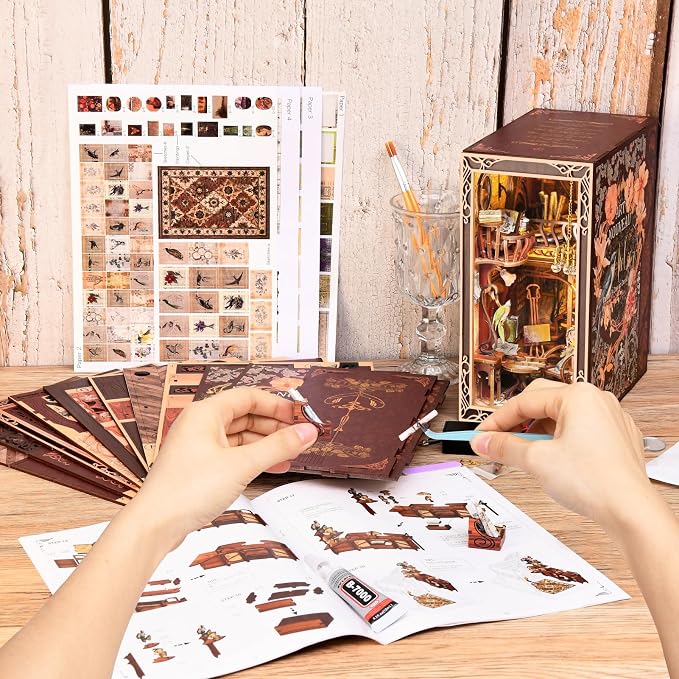 MiniCity Book Nook Kit, DIY Miniature Dollhouse Booknook Kit, 3D Wooden Puzzle Bookend Bookshelf Insert Decor with LED Light for Teens and Adults, Painter's Day at Dusk