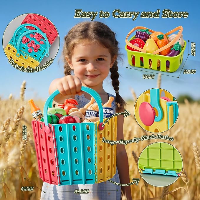 86Pc Wheat Straw Play Food for Kids Kitchen-Toy Food with 2 Baskets & Picnic Blanket, Realistic Cutting Pizza, Grocery Cans, Pretend Play Kitchen Accessories & Toddler Toys for Boys Girls 3+