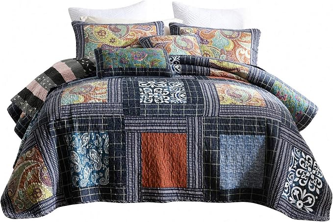NEWLAKE Cotton Patchwork Bedspread, 3-Piece Bedding Quilt Set with Real Stitched Embroidery, Reversible Matelasse Bed Coverlet Set,Vintage Flowery Grid,King Size