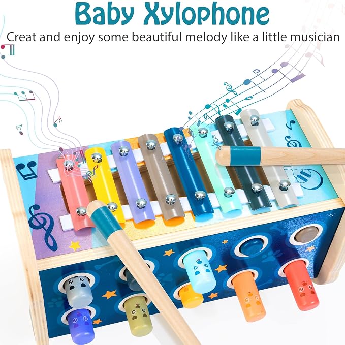 KIDWILL Wooden Hammering Pounding Toy for 12+ Months Kids, Montessori Toys for 1+ Year Old Babies, Early Development Toy with Pounding Bench, Xylophone, Number Sorting Maze, Gifts for Toddlers Age 1-2