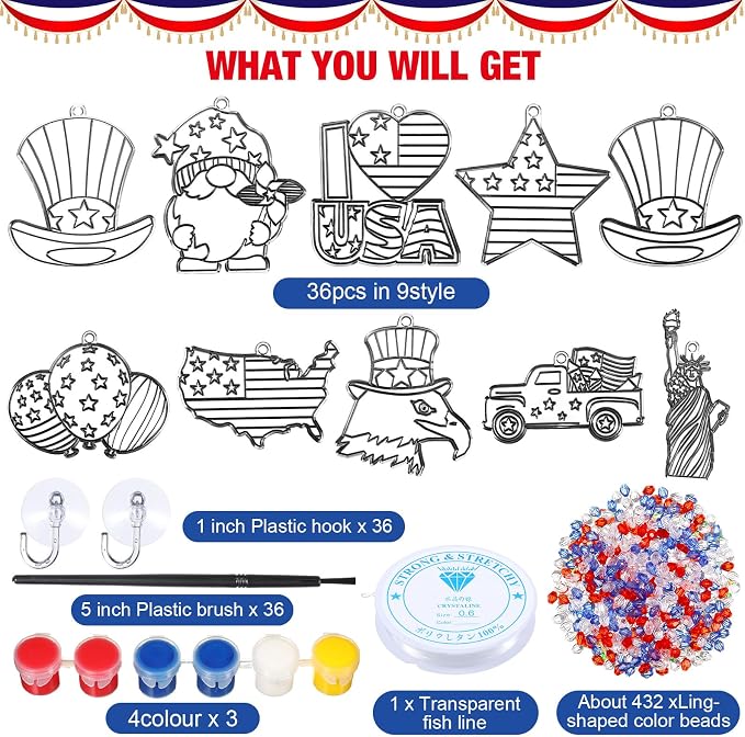 Pasimy 36 Sets 4th of July Arts Kit Patriotic Suncatchers Paint Your Own American Flag Window Hanging Ornaments Decorations Red Blue White Art Gifts for Independence Day Party Classroom Activity
