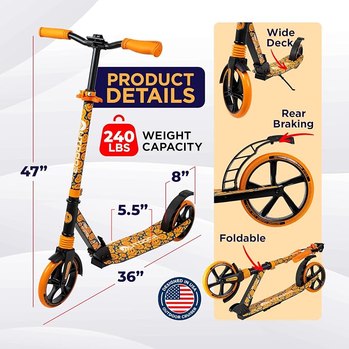 Outdoor Cruiser Kick Scooter for Ages 6+, for Kids, Teens, and Adults, Max Load 250 LBS, Foldable, 8-inch Big Wheels, Dual Suspension, 3 Adjustable Levels, Child Safety Approved, Orange
