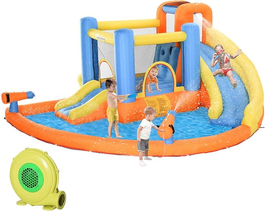 Outsunny Inflatable Water Slide, Kids Bounce House Water Park with Pool, Climbing Wall, Water Cannon, Dual Slides, Trampoline, 5-in-1 Bouncy Castle with Air Blower for Outdoor Indoor Backyard Fun