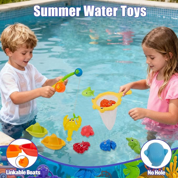 Toddler Bath Toys for Kids 1-3 3-5, Mold Free Bath Toys Toddlers 2-4, Pool Water Table Toys | Safe Fishing Toys Game Set, Pole Rod Net Tub Toys, Outdoor Water Toys, Birthday Gifts for Ages 1 2 3 4 5 8