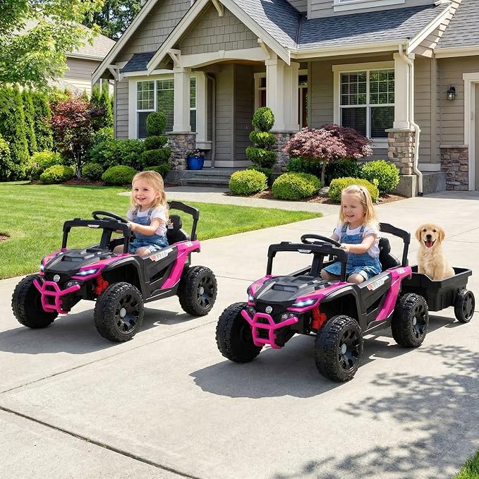 Costzon Kids Ride On UTV Car with Detachable Trailer, 12V Battery Powered Electric Vehicle with Remote Control, 3 Speeds, LED Lights, Music, Horn, Off-Road UTV for Boys & Girls (with Trailer,Pink)