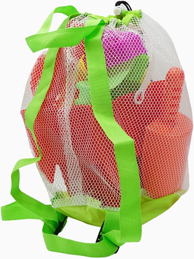4E's Novelty Beach Toys for Kids with Bag, 12 Pcs Set Sand Castle Beach Bucket with Shovel & Large Molds - Beach Toys for Kids 3-10, Sand Toys for Toddlers with Mesh Beach Bag