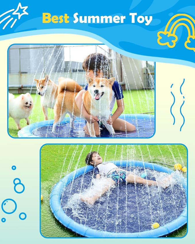 Peteast Splash Pad for Dogs, 107" Anti-Slip Dog Pool Dog Splash Pad Sprinkler Pool,Thicken Doggie Pool Summer Outdoor Water Toys Backyard Fountain Play Mat