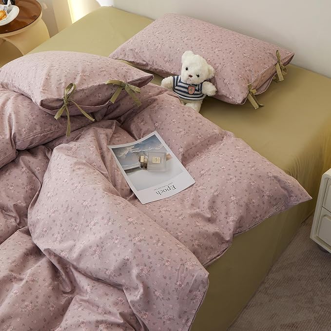 Purple Floral Comforter Set Full Size, 3 Pieces Cottagecore Aesthetic Cute Flowers Comforter Set for All Seasons, Coquette Floral Mauve Bedding Vintage Botanical Comforter with 2 Bow Ties Pillowcases