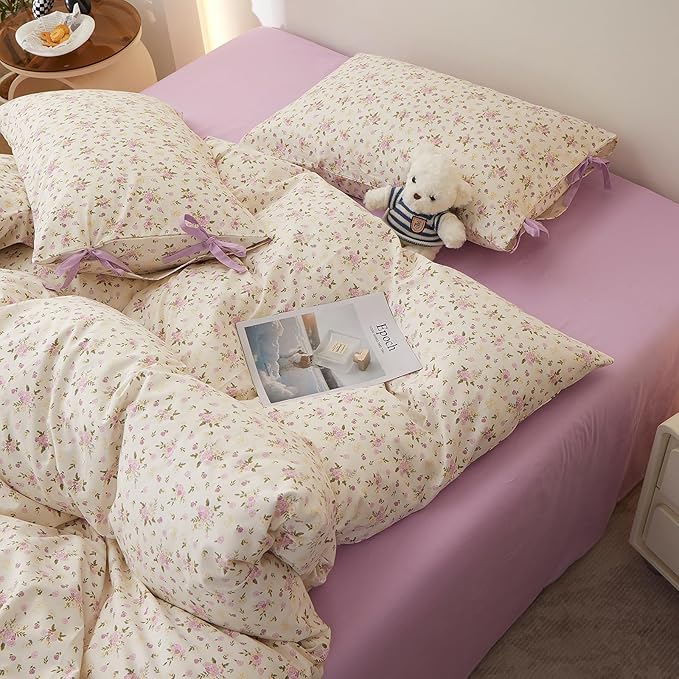 Floral Cottagecore Comforter Set Full Size, 3 Pieces Vintage Flowers Comforter Coquette Aesthetic Bedding Set for Girls Teen Women, Soft Lightweight Botanical Comforter with 2 Bow Ties Pillowcases