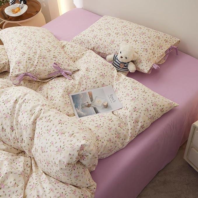 Floral Cottagecore Comforter Set Twin XL, 3 Pieces Vintage Flowers Comforter Coquette Aesthetic Bedding Set for Girls Teen Women, Soft Lightweight Botanical Comforter with 2 Bow Ties Pillowcases