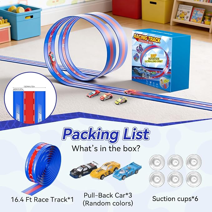 3-Lane Flexible Race Track for Kids, 16.4 Ft Flex Race Car Ramp Track with 3 Cars & Suction Cups - Compatible with Diecast 1/64th Cars, Portable Car Tracks Toys for Kids Boys Girls Ages 3-8+