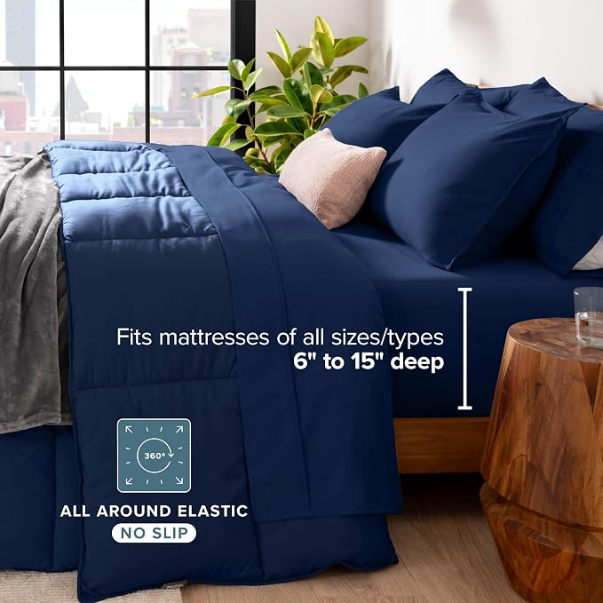 Bare Home Bed-in-A-Bag 5 Piece Comforter & Sheet Set - Twin XL - Goose Down Alternative - Ultra-Soft 1800 Premium Bedding Set (Twin XL, Dark Blue/Dark Blue)