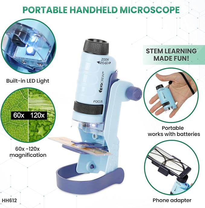 IQCrew By AMSCOPE KIDS - Black Metal Arm Starter Kids Student Compound Microscope Kit with Fossil Dig Activity Kit and Insect Slides