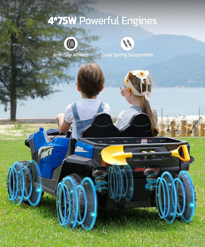 ELEMARA 24V Ride on Toy for Big Kid,Ride on Car 2 Seater w/Sun Shade,Dump Bed & Shovel,4.5MPH,4WD Electric Car for Kids,Battery Car w/Remote,Kids Ride on Truck,3 Speed,LED Lights,Bluetooth, Sapphire