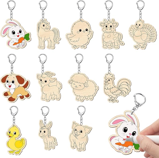 Trnayi 36 Pcs Farm Animal Unfinished Wooden Keychains Color Your Own Unfinished Cow Horse Pig Turkey Chicken Rabbit Wooden Crafts Blank Wood Painting DIY Crafts for Home Activities Arts Project Decor