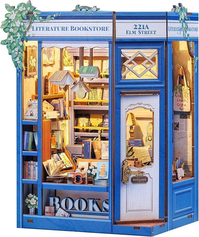 Fsolis Book Nook Kit - 3D Wooden Puzzles for Adults | DIY Miniature House Kit Tiny House Mini Booknook Bookshop Gifts for Women Teenagers (Literature Bookstore)