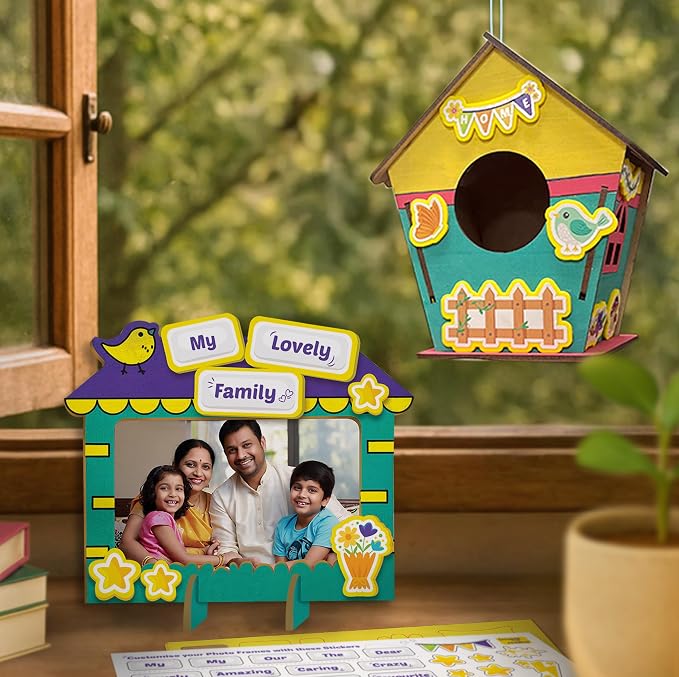 Imagimake DIY Wood Art Mega Pack | Build Wooden Bird House, 3 Photo Frames & Pen Stand | Glitter Glue | Painting Crafts for Kids | 100+ Foam Stickers | Boys & Girls Birthday Gifts Age 5,6,7,8,9