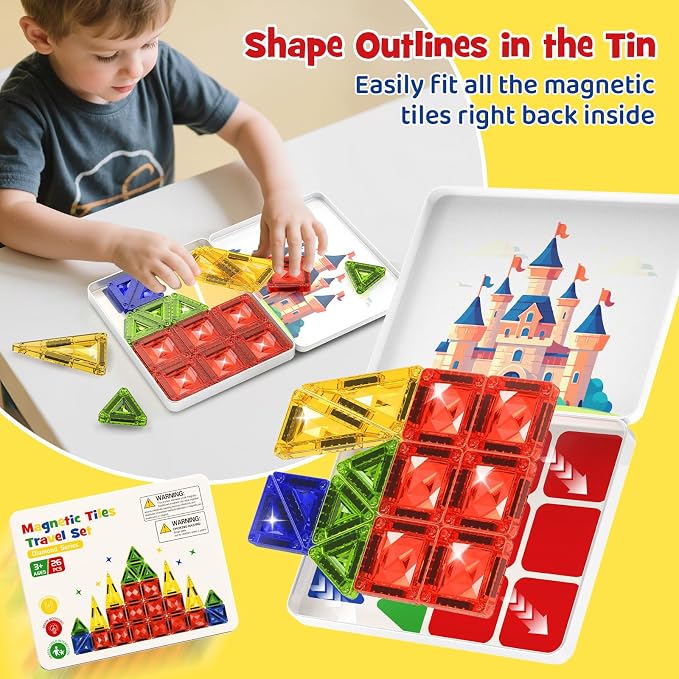 WMXDU Magnetic Tile Mini Diamond Set Travel Size Magnetic Building Toys with Iron Case, Kid's Travel Essential On-The-Go Magnet Construction Toy Set STEM Development Kit Ages 3+, 26-Piece