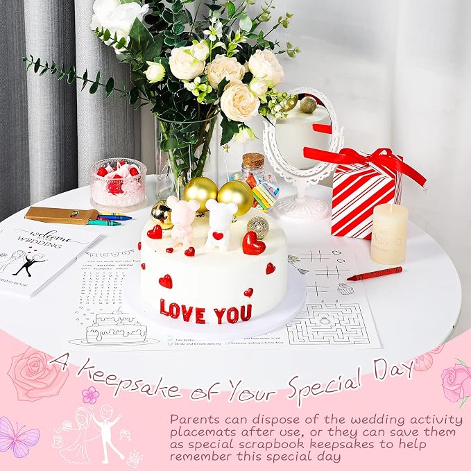 Pasimy 24 Set Wedding Activity for Kids Including 24 Pcs Wedding Coloring Placemats Books Sheets and 24 Pcs Coloring Crayons Individually Packaged for Reception Guest Party Favors, 15.7''x11''