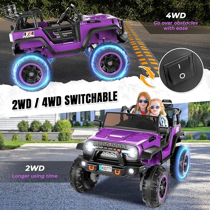 Hikole 24 Volt 4WD/2WD Switchable Ride on Toy Car, 2 Seater Battery Powered Car for Big Kids with Remote Control, 4X100W Power Car Wheels for Girls, Music, 20" Wide Seat, LED Lights -Purple