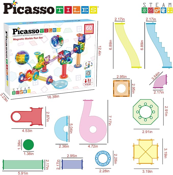 PicassoTiles Marble Run 60 Piece Race Track Magnetic Tiles Magnet Building Block Educational Construction Toy Set Playset STEM Learning Kit Child Brain Development HandEye Coordination Training PTG60
