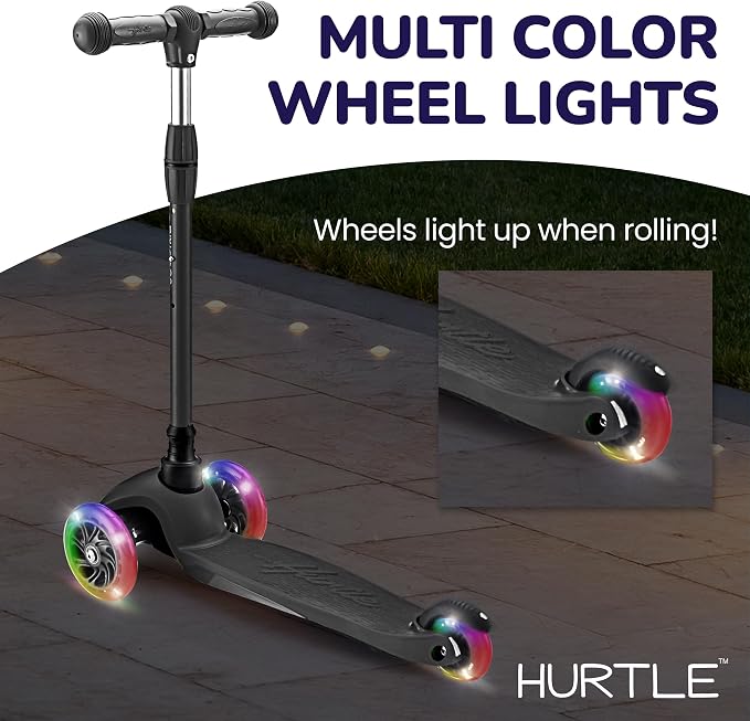 Hurtle Mini Kickboard 3 Wheel Scooter for Kids Ages 2-5 - Lean-to-Steer Toddler Scooter with Light-up LED Wheels, Adjustable Height & Rear Foot Brake for Boys. & Girls, Anti-Slip, Indoor/Outdoor