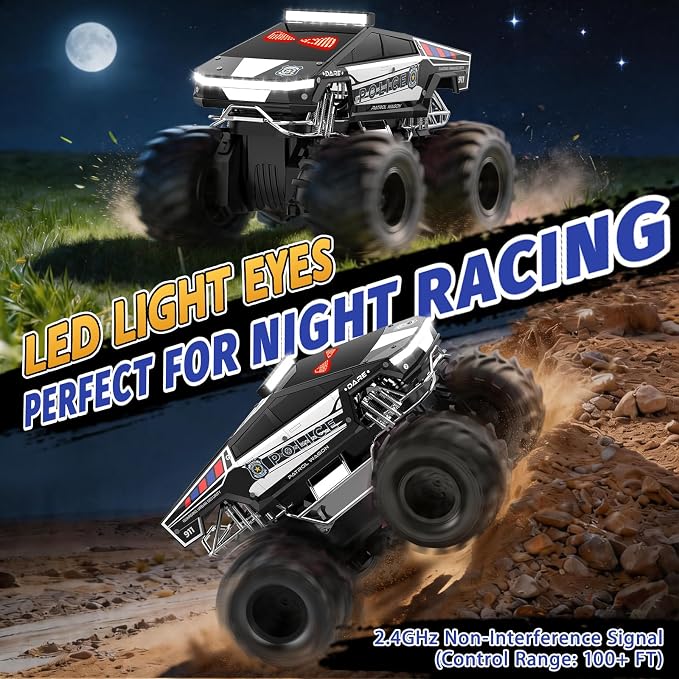 Qrytoi Police Remote Control Car with LED Light Eyes, Waterproof Amphibious Monster RC Car, 2.4GHz 4WD All-Terrain Cyber Truck Toy, Birthday Gift for Kids Ages 6-12