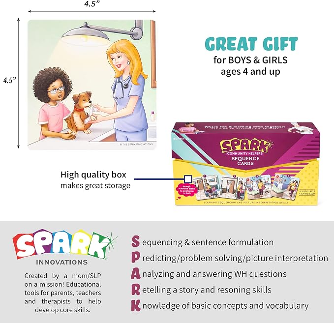 SPARK INNOVATIONS Kids Story Cards Sequence Game Large Storytelling and Sequencing Cards. Community Helper Stories for Sentence Building Educational Picture Card Games