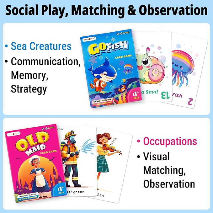 Upgraded Kids Card Games Pack, 6 Decks, Go Fish, Old Maid, Crazy Eights, Memory Match, Slap Jack, War, Playing Cards, Easter Basket Stuffers, Stocking Stuffers | Go Fish, Old Maid, Crazy Eights, Memory Match, Slap Jack, War. For family nights, travel, ...