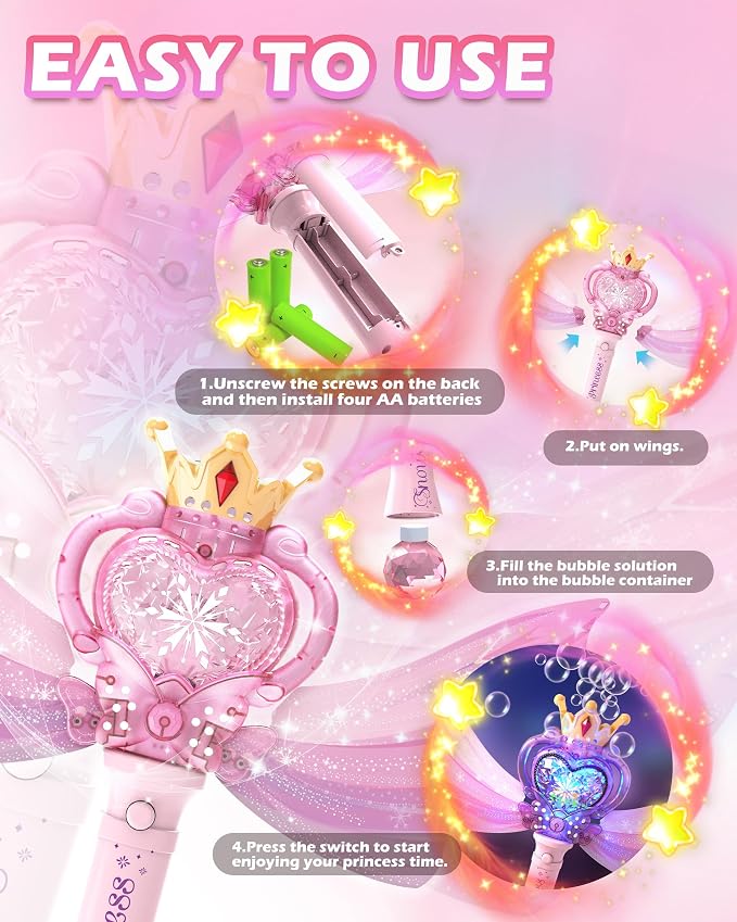 Princess Bubble Wand for Girls, Light Up Musical Fairy Toy with Detachable Wings, Music, Outdoor Birthday Gift for Kids Ages 3-8
