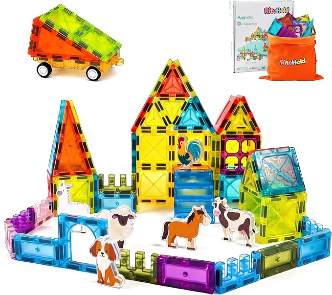 Magnetic Tiles Farm Animals 52PCS, STEM Toys Magnet Building Blocks for Toddler Ages 3-8, Kids Construction Stacking Tiles Toys Gifts for Boys Girls
