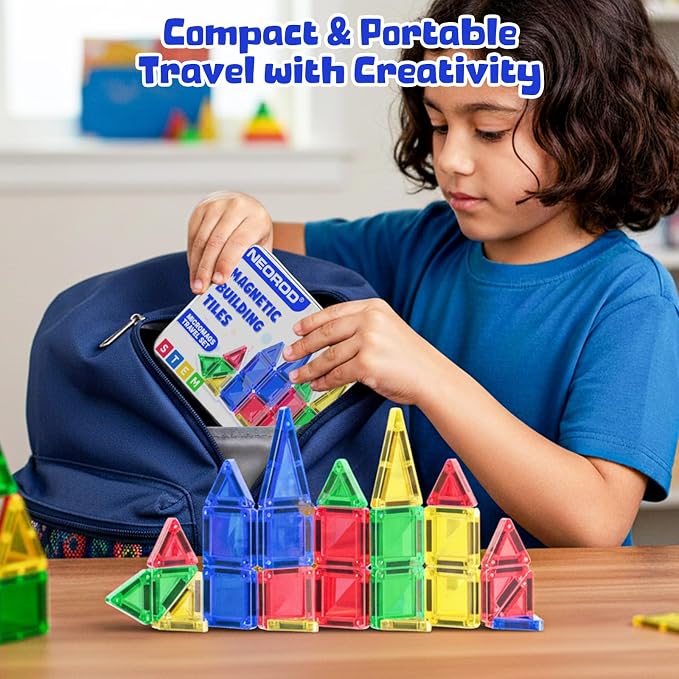 NEOROD Mini Magnetic Tiles Travel Set – Portable STEM Building Blocks for Quiet Play on The Go | Compact Magnet Toys & Road Trip Essentials | Educational Gift for Boys & Girls Ages 3+