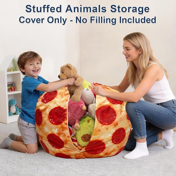 Lukeight Pizza Stuffed Animals Storage Bean Bag Chair Cover for Kids, Cozy Velvet Plush Toy Organizer Seat, Cover Only, No Filling Included, Long YKK Zipper, Side Pocket, X-Large 30 x 18 in