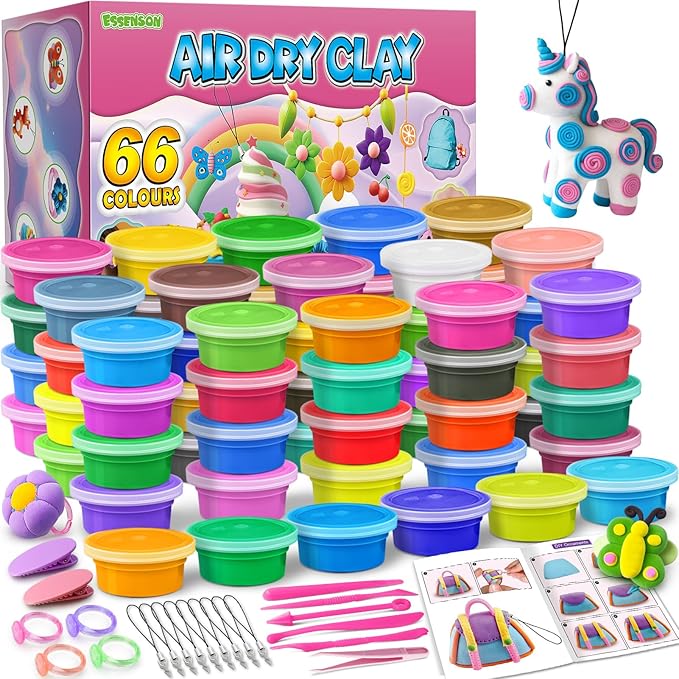 ESSENSON Air Dry Clay - 66 Colors Modeling Magic Clay, Best Gift for Boys & Girls Age 3-12 Year Old, DIY Molding Kids, with Sculpting Tools, Decoration Accessories, Kids Art Crafts