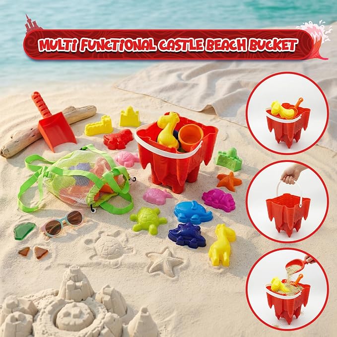 4E's Novelty Beach Toys for Kids with Bag, 12 Pcs Set Sand Castle Beach Bucket with Shovel & Large Molds - Beach Toys for Kids 3-10, Sand Toys for Toddlers with Mesh Beach Bag